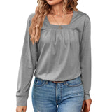 2023 New Casual Square Collar Pure Color Pleated Long-Sleeved Top T-Shirt Women-Outfit