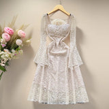 Fongt High-End Heavy Industry Nail Drill Three-Dimensional Flower Square Collar Horn Sleeves To Close The Waist Hollow Lace Dress 20