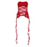 Fongt Summer Women's One-Word Collar Lace Wrapped Chest Mesh Crop Slim-Outfit