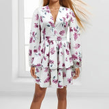 Fongt Women's Elegant Fashion V-Neck Bubble Sleeve Print Lotus Leaf Side Short Dress Woman
