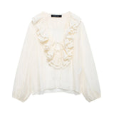 Fongt Early And Early Autumn New French Sweet V-Neck Thin Long-Sleeved Lotus Leaf Shirt Top 8544207