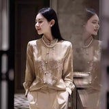 Chinese Style Vintage Buttoned Blouse Women's Autumn 2023 New Champagne Small Collar Imitation Silk Blouse-Outfit