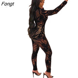 Bamboo Leaf Sheer Mesh Jumpsuit O Neck Long Sleeve Women Sexy Night Club Party Romper Fashion Bar Overalls