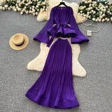 Fongt Fashion Strap To The Waist Horn Sleeve Lotus Loaf Under The Pendulum Folding Folding Top + High-Waisted Fish Tail Half-Body Dress