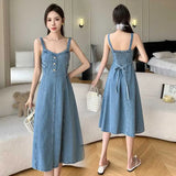 Fongt And Summer 2025 New Small French Long-Term Collection Waist Thin Design Retro Cowboy Strap Dress