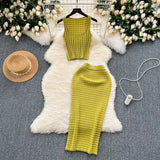Fongt Kong Style Retro Hottie Suit Women's Summer Short Vest Top With High Waist Half Skirt Knit Two Sets