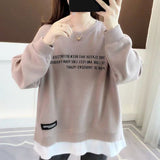 New Spring Autumn Pullover Women's Thin Loose Korean Style Fake Two-piece Blouse Clothes Letter Printing Sweatshirt