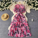 Fongt Retro Tea Faint Dyed Print Dress Women Waist Horn Sleeves Thin Temperament Lotus Leaf Side Chiffon Long Dress