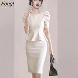 Han Queen 2021 Summer Puff Sleeve Ruffle Korean Sheath Pencil Dress Women Office Bodycon Dresses Casual Business
