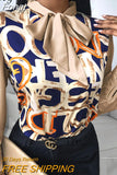 Women Elegant Floral Print Blouse Shirt 2023 Autumn New Casual Long Sleeve Button Tops Lady Sexy Bandage Turn-Down Collar