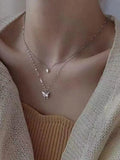 Rhinestone Butterfly Pendant Double Layered Necklace-Outfit