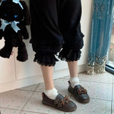 Style Sweet Cotton Lolita Pants Women's Kawaii Bow Lace Patchwork Loose Leggings Girls Cute Elastic Waist Pantaloons-Outfit