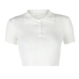 Fongt Collar Top Women's Short Sleeve Knit Shirt Short Summer White Lapel Striped Niche Slim