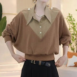 Women's Clothing Vintage Turn-down Collar Blouse Autumn Winter New Commute Fake Two Pieces Patchwork Loose Stylish Epaulet Shirt-Outfit