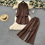 Fongt Casual Suit Women's Korean Version Of The Fashion Loose Long-Sleeved Shirt Dress High Waist Wide Leg Pants