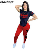 Summer Casual PINK Letter Print Two Piece Sets Women Short Sleeve Top And Skinny Pants Tracksuits Famale 2pcs