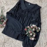 Style Sweets Lolita Blouse Women Kawaii Lace Peter Pan Collar JK Shirts Girls Chic Long Lantern Sleeve Black White Blouses-Outfit