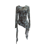 Fongt Print Double-Layer Mesh Long-Sleeved Top Design Feel Irregular Ribbon-Up T-Shirt 99981