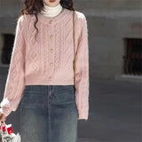Fongt Spring And Autumn New Loose Short Sweater Jacket Korean Twist Round Collar Knit Cardigan Woman-Outfit