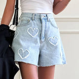 Fongt And Cute Hairy Heart Pattern Denim Shorts Women's Summer New High-Waisted Loose Thin Leg Shorts