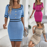 Fongt Shooting 2025 Spring And Summer Elegant Square Neck Button Short Sleeve Knitted Bag Hip Skirt Women's Clothing