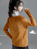 Women Thicken Velvet Lined Fake Two Piece Sweater Winter Turtleneck Patchwork Knitted Tops Korean Warm Lace Splicing Knit