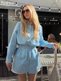 Fongt Women's Dress Design Long-Sleeved Striped Shirt Tightly Shorts Set