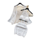 Fongt Wearing A Holiday Style Suit Female Retro Hook Hanging Neck Vest + Hollow Open Shirt + Half-Dress Three-Piece Set