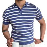 Fongt Men's Summer New Overturned Knits Blue Striped Business Polo Shirts Men's