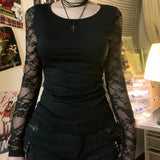 Fongt Mesh Splicing Long-Sleeved T-Shirt Hottie Slime Sexy Perspective Inside The Bottom Top Woman
