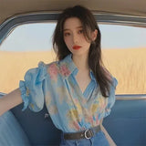 Fongt Spring And Summer New Small Shirt French Single Special Top Design Small Smell Blue Printed Shirt