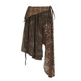 Fongt Wasteland Breeze Niche Design Lattice Crash Color Irregular Splicing Lace Open Forked Retro Skirt New