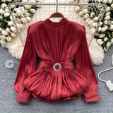 Fongt French-Style Waist-Low-Down Shirt Female Careful Machine Strap Design With A Chic Folded Lotus Leaves Hem French Top