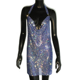 Crystal Rhinestone Drape Backless Dress 2023 NEW Mesh Sequin Bodycon Club Halter 2 Slits Evening Party Christmas Mini