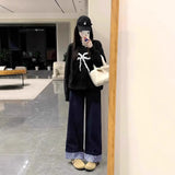 Fongt Blue Roll Edge Design Wide Leg Slack Women 2025 Spring And Autumn High-Waist Loose Straight Straight Trousers