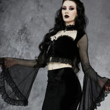 Strapped With Lace Spliced Horn Long-Sleeved Shirt Dark Slim Sexy Navel Cardigan T-Shirt-Outfit