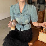 Short Sleeve Denim Shirt Women New Casual Single-Breasted Slim Top with Belt Short Denim