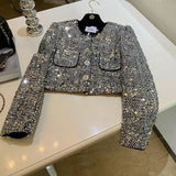 Heavy Sequins Starlight Silver Jackets Spring Long Sleeve Coat Women Y2k Grunge O-neck Single Breasted Tops Mujer-Outfit