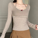 Aesthetic Halter Neck Bow Long Sleeve Tee-Outfit