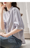 Fongt Summer New Five-Sleeve Casual Temperament Striped Shirt Women Short Sleeve Loose Thin Round Collar Shirt