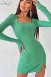 Ribbed Women Solid Long Sleeve Slit Mini Dress Square Collar Bodycon Sexy Streetwear Party Club 2023 Autumn