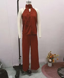 Fongt New Fashion Hollow Round Collar Sleeveless Jacket Wide Leg Pants Temperament Suit-Outfit