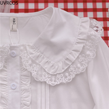 Shirt White Elegant Women Preppy Style Blouses Cute Peter Pan Collar Lace Ruffle JK Shirts Girls Long Sleeve Blusas Mujer-Outfit