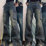 Zip Up Cargo Pocket Straight Leg Washed Jeans-Outfit