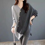 Button Solid Color Spliced Sweaters Casual Autumn Irregular Fashion Batwing Sleeve Loose Knitted Jumpers Women's Clothing-Outfit
