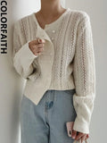 New 2022 Chic Korean Fashion Cutout Buttons Cardigans Knitted Sweater Women Summer Vintage Elegant Lady Tops