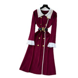 Fongt Small Fragrant Style Trendy Collar Long Sleeve Metal Double Buckle Waist Thin Temperament Knitted Dress