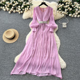Fongt High-End Temperament Fashion V-Neck Lantern Sleeve Strap To Close Waistguel Dress Female Elegant Long Dress