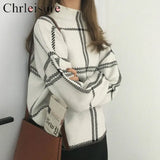 Sweater Women High Collar Plaid Pullover Full Sleeve Sweater Rabbit Velvet Sweater