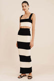 Fongt East New Women's Black And White Knitted Striped Long Suit Vest With Sweater Skirt